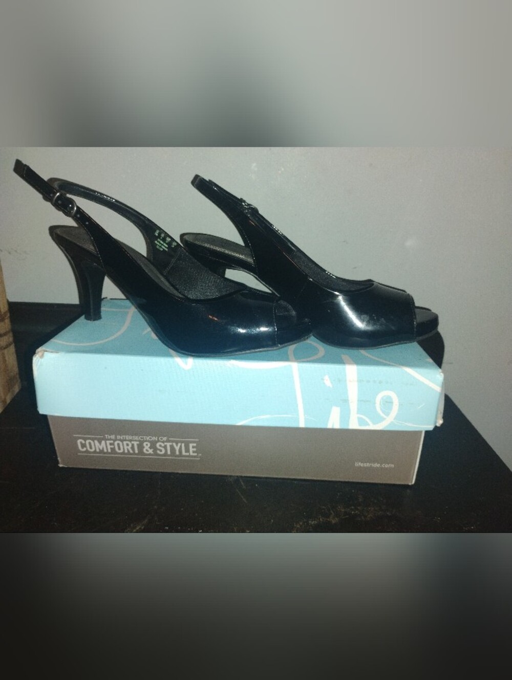 Life Stride Black Patent Slingback Peep-Toe Heels
